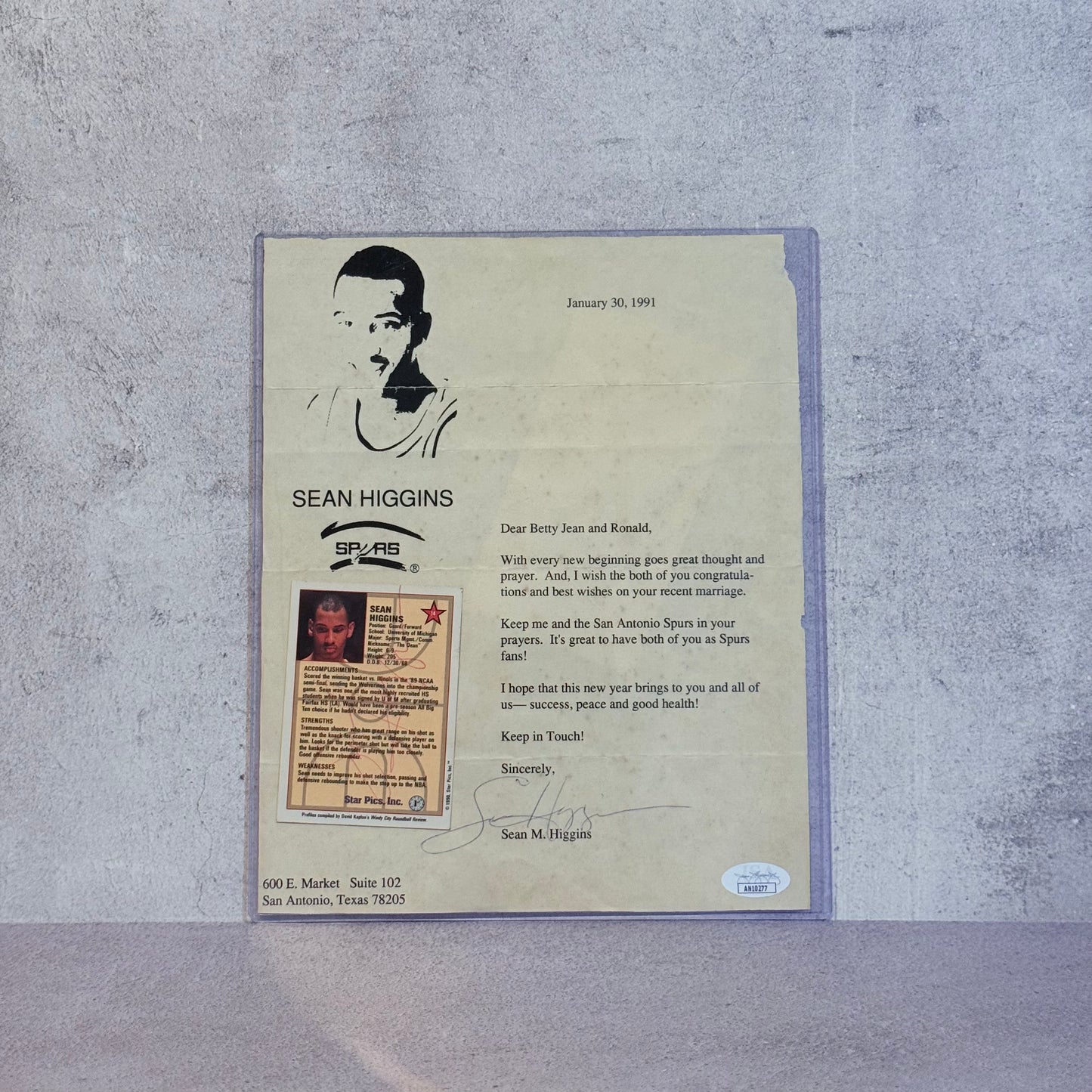 Carta real firmada por Sean Higgins Spurs NBA