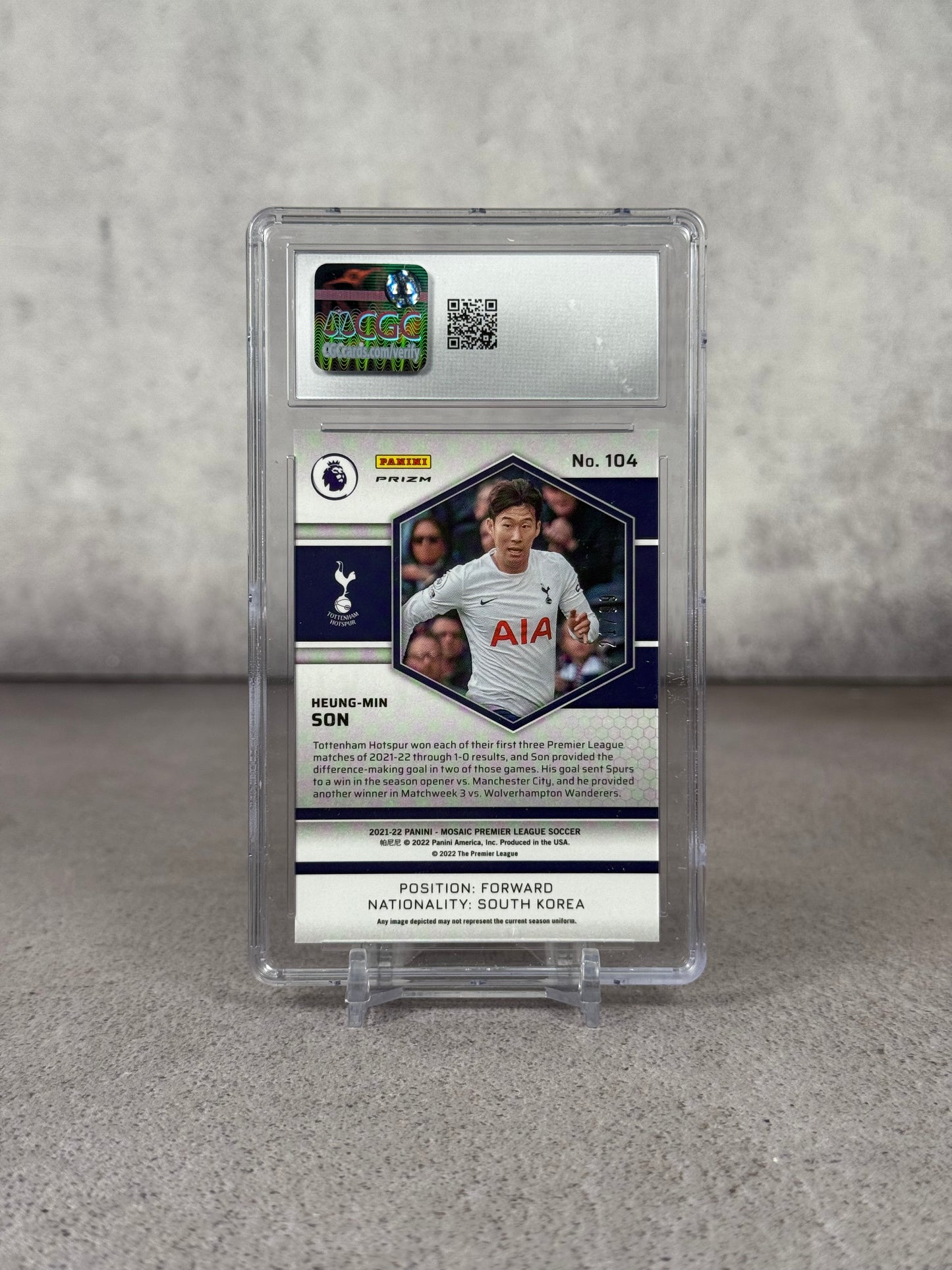 Tarjeta Panini Mosaic Premier League Heung-Min Son Rookie Blue /99 CGC 10