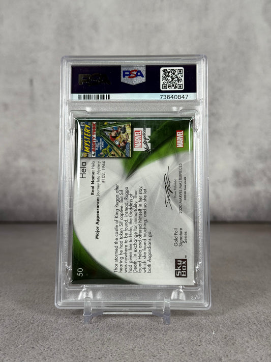 Tarjeta Marvel Masterpcs Hela Gold Foil 2020 PSA 8
