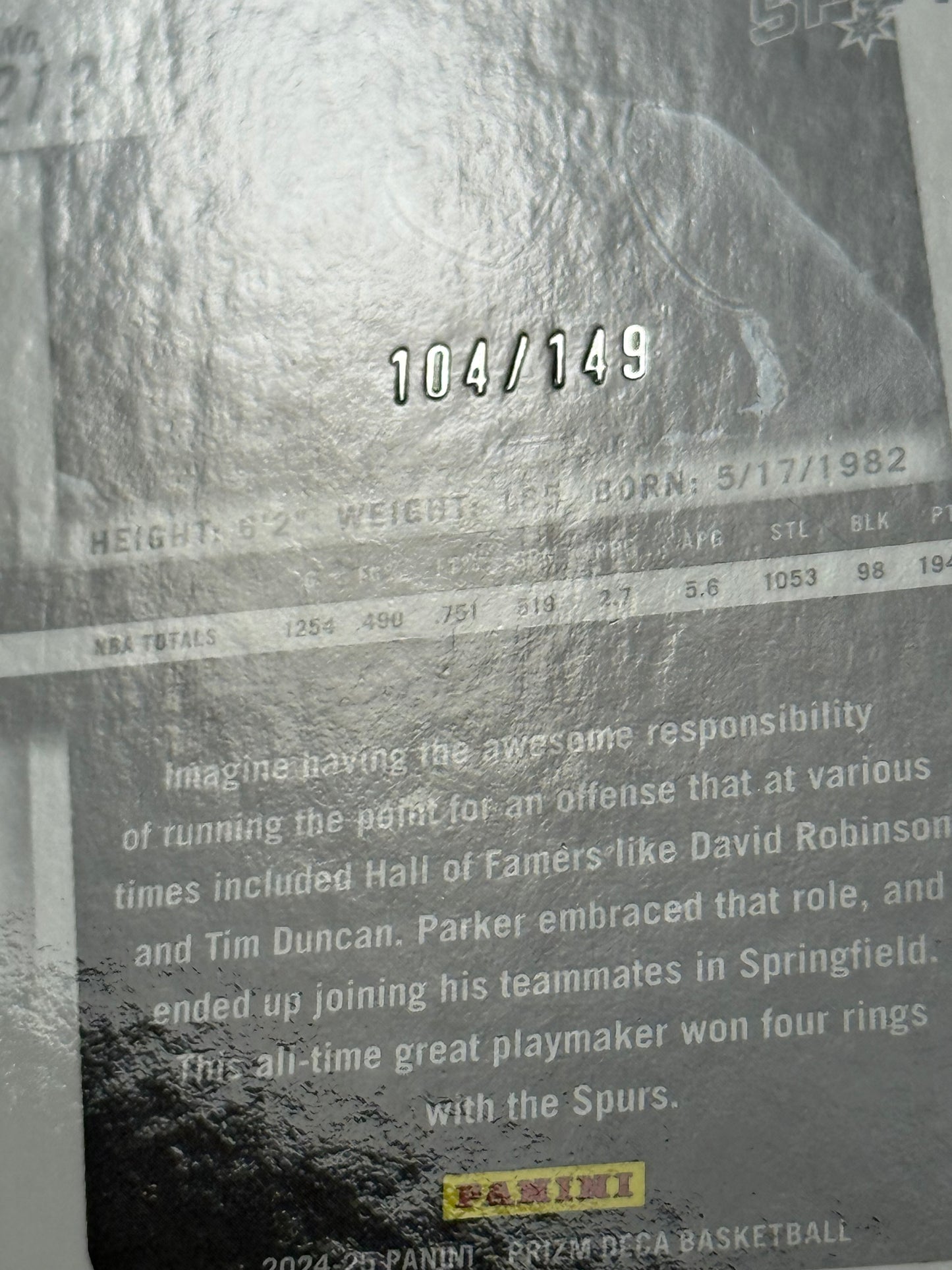 Tarjeta Panini Prizm Legends Tony Parker 104/149 numerada