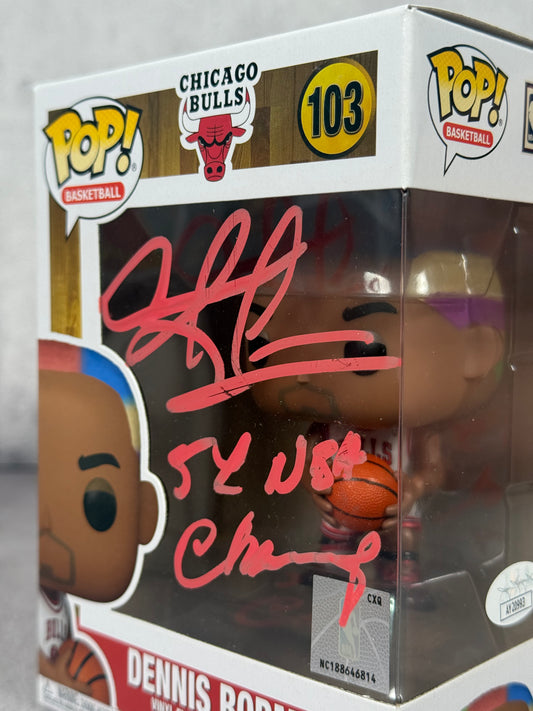 Funko Dennis Rodman firmado con inscripción “5x NBA Champ” certificado JSA