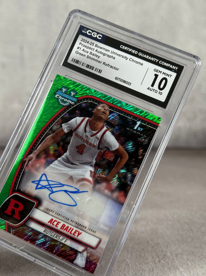 Tarjeta Ace Bailey Prospect Autograph Bowman Chrome University Green Shimmer CGC 10 Auto 10
