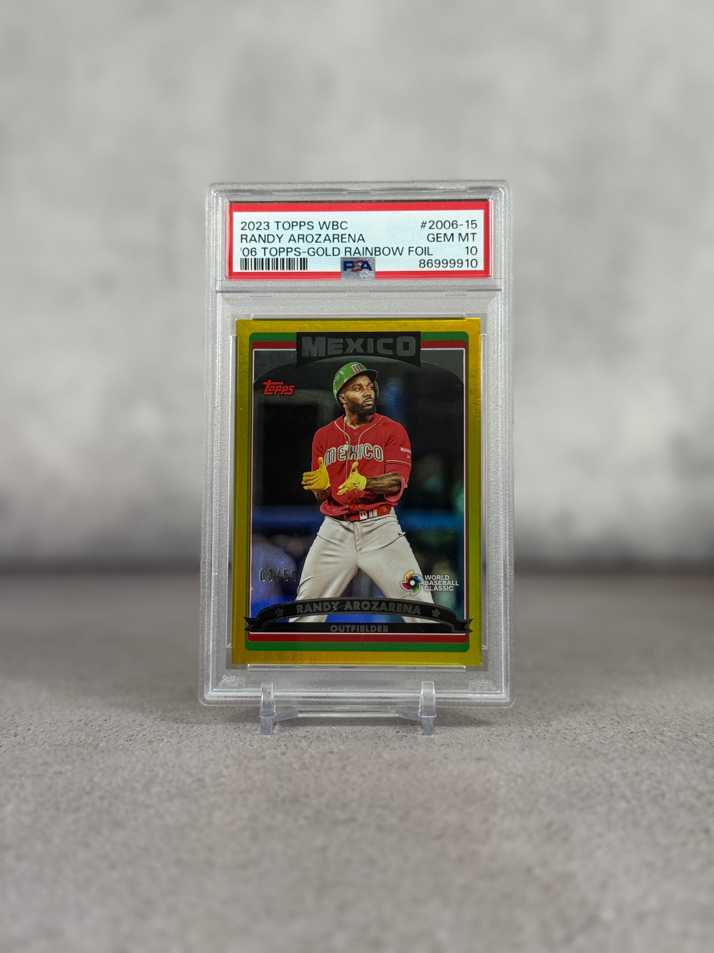Tarjeta Randy Arozarena Topps WBC Gold Rainbow Foil PSA 10 03/50