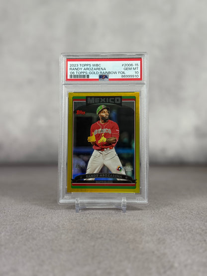 Tarjeta Randy Arozarena Topps WBC Gold Rainbow Foil PSA 10 03/50