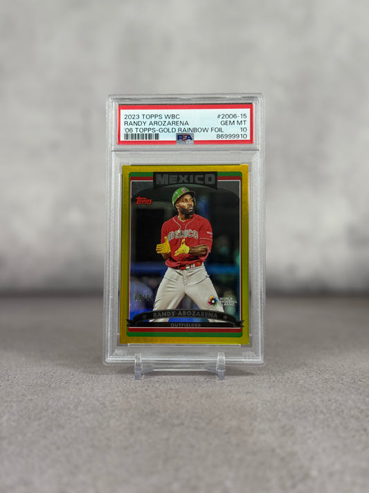 Tarjeta Randy Arozarena Topps WBC Gold Rainbow Foil PSA 10 03/50