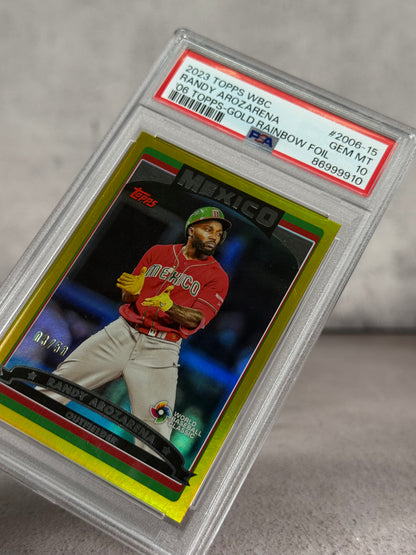 Tarjeta Randy Arozarena Topps WBC Gold Rainbow Foil PSA 10 03/50