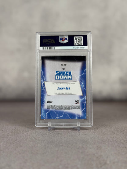 Tarjeta Topps Chrome WWE Blue Refractor Jimmy Uso 143/150 PSA 10