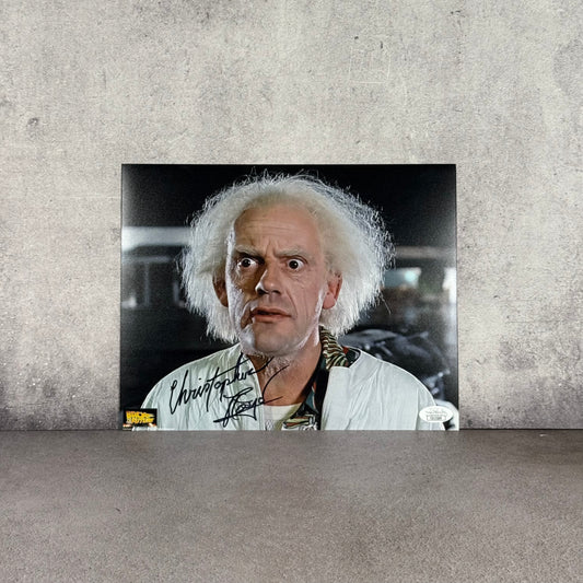 Foto Dr Emmett Brown firmada por Chistopher Lloyd