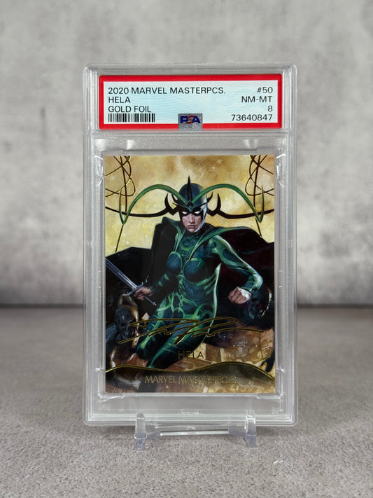 Tarjeta Marvel Masterpcs Hela Gold Foil 2020 PSA 8