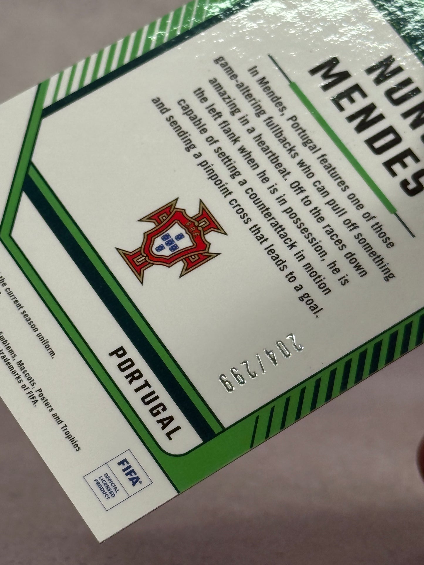 Tarjeta Donruss Optic Nuno Mendes Rookie 204/299 numerada