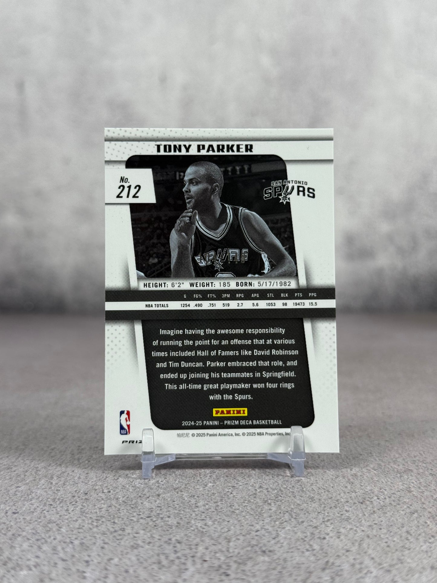 Tarjeta Panini Prizm Legends Tony Parker 104/149 numerada