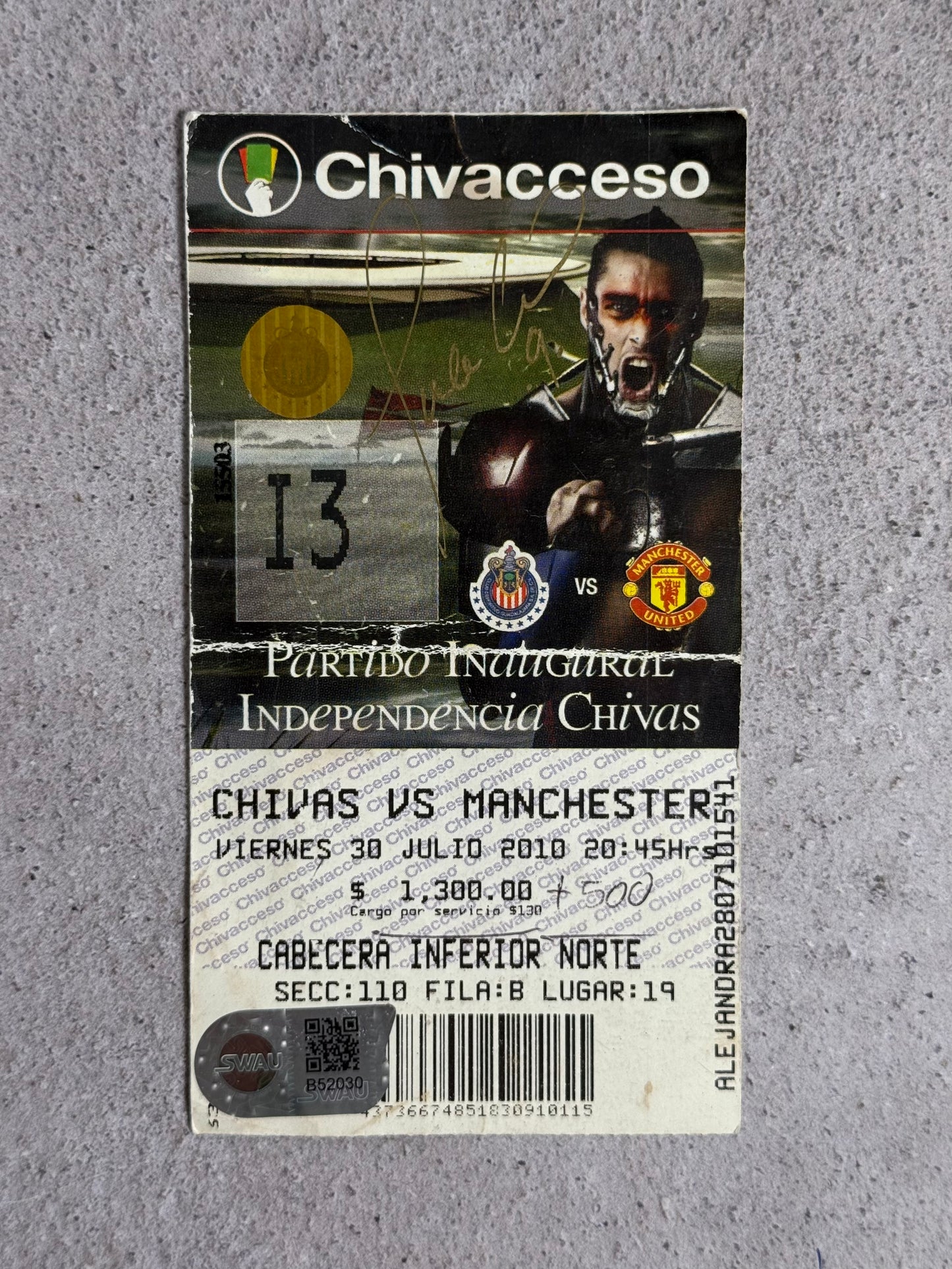 Boleto Inauguración Estadio Omnilife 2010 Chivas vs Manchester United Firmado por Omar Arellano | SWAU