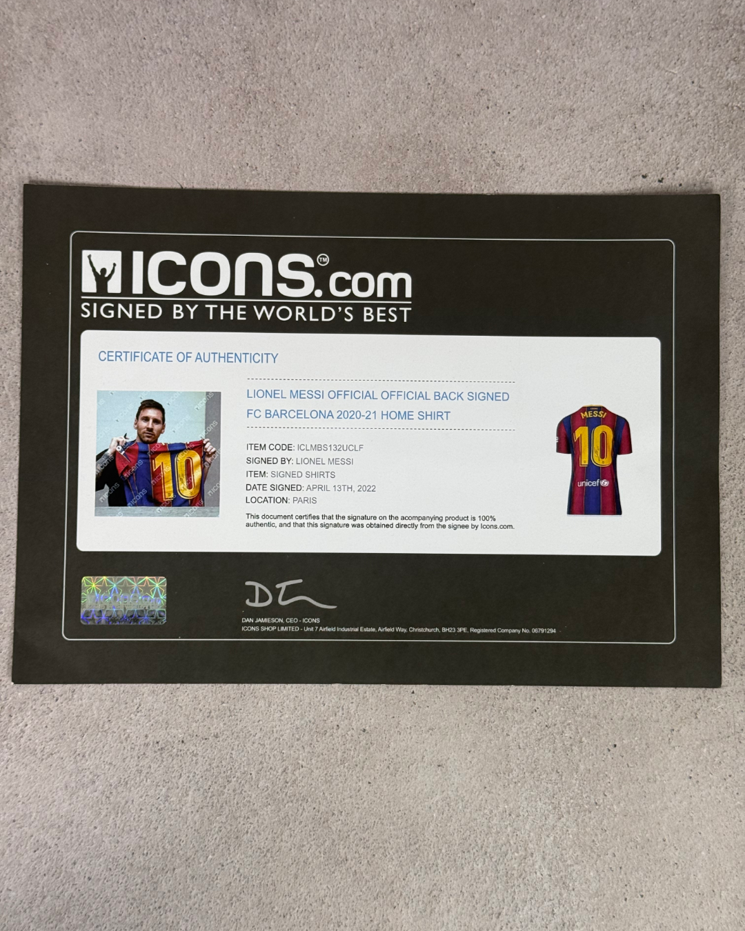 Jersey FC Barcelona firmado por Lionel Messi | Certificado ICONS